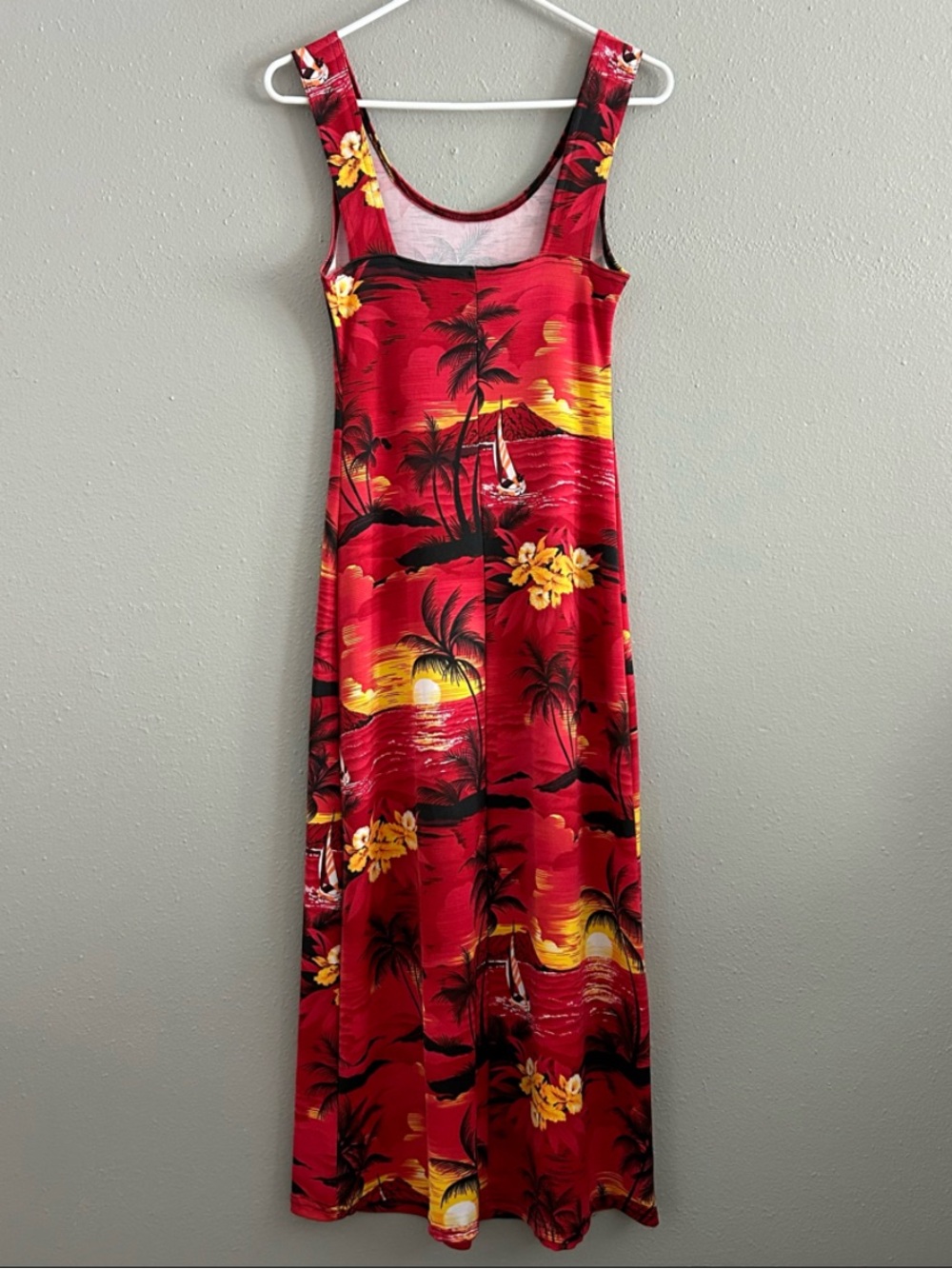 Vintage 90s Hawaiian Sunset Tropical Maxi Dress Red Sleeveless Beach Summer Sz M - Picture 6 of 9